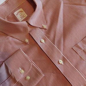 BROOKS BROTHERS Mens 346‎ Button-Up Dress Shirt 17-4/5 Red w/Pinstripe Non-Iron